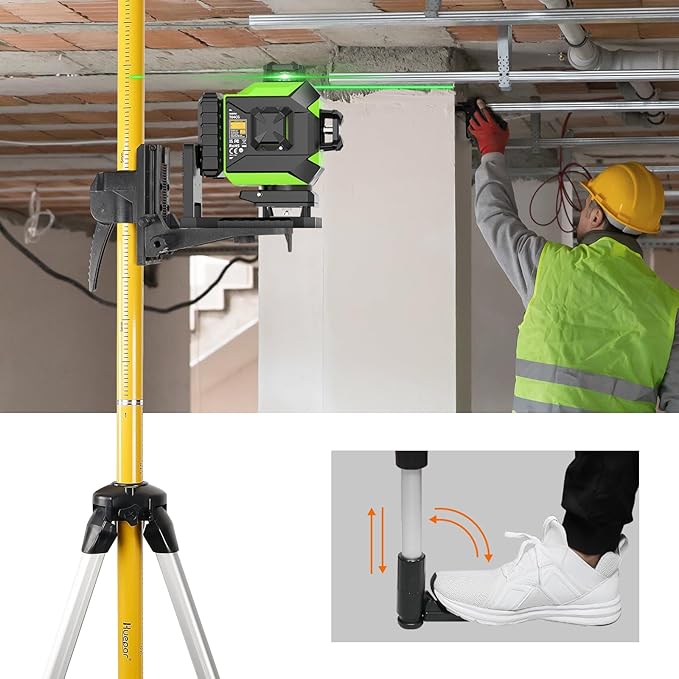 Huepar 12 Ft./3.7m Telescoping Pole with 1/4-Inch by 20-Inch Laser Mount for Rotary and Line Laser Level, Adjustable Telescoping Pole with Tripod - 5/8"-11 Adapter Nut Included LP36