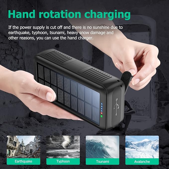 Solar Charger Power Bank 63200mAh, Portable Charger with Dual Outputs & Dual Inputs 4 LEDs Flashlight, Hand Crank Power Bank Fast Charging Battery Pack for Outdoor Camping Survival Gear