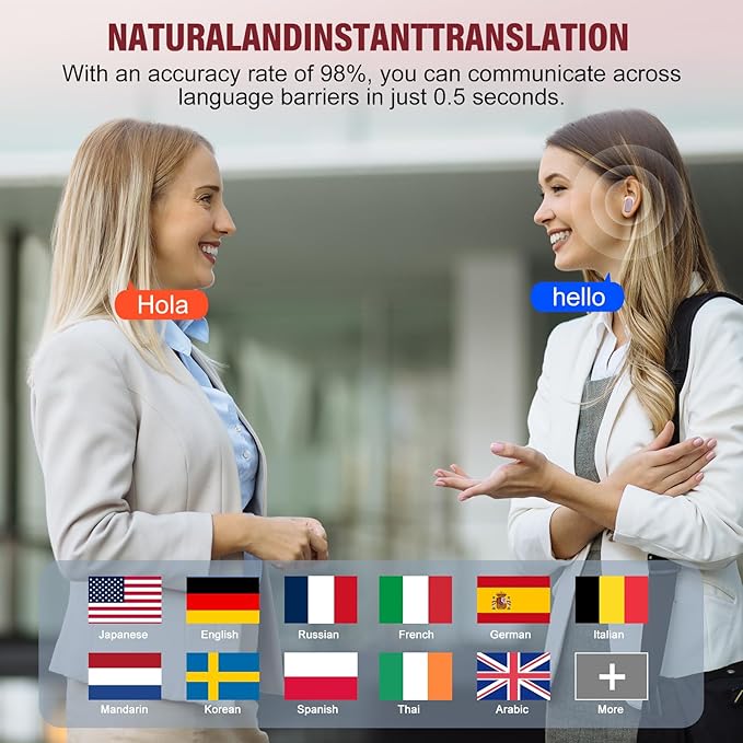 AI Language Translator Earbuds Real Time, 164 Language/6 Translation Modes Translator Earbuds 3-in-1 Translation Headphones, Bluetooth 5.4 Translation Device for Travel Business Learning, Pink