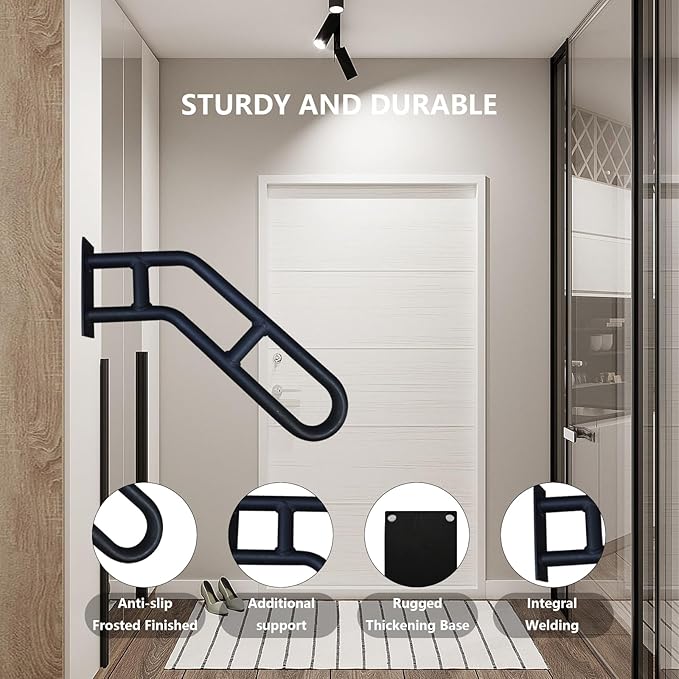 Handrails for Outdoor Steps, 21" Wall Mounted Railings for 1-3 Steps, Stair Railing Safety Grab Bar with 2 Anti-Skid Crossbar for Garage, Porch, Garden, Yard, Stain Black (Bent 1 Pack)