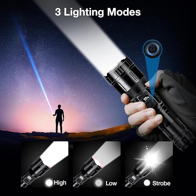 Flashlight High Lumens Rechargeable, 990,000 High Lumens Handheld Tactical LED Flashlights Battery Powered, Zoomable Super Bright Flash Light with 3 Modes, USB C, Waterproof for Emergency