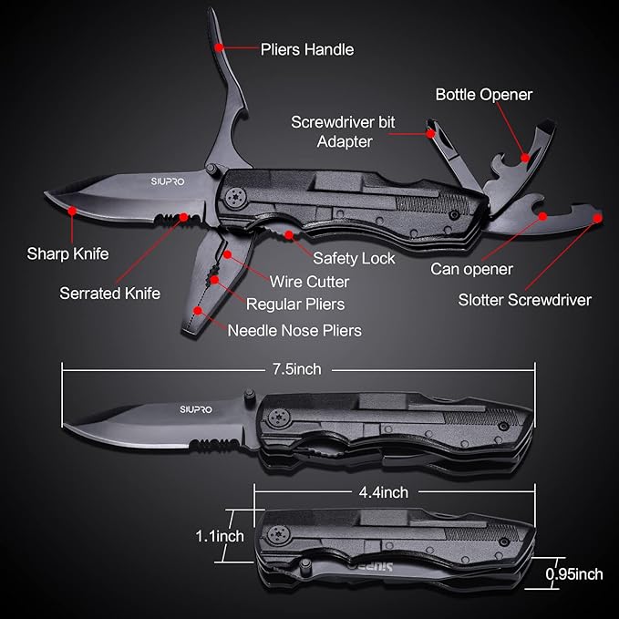 Multitool Pocket Knife for Men, Tactical Folding Multi Tool, Multipurpose Utility Plier Set, Camping, Survival, Hiking Gear, Screwdriver Kit, Mens Gifts Idea