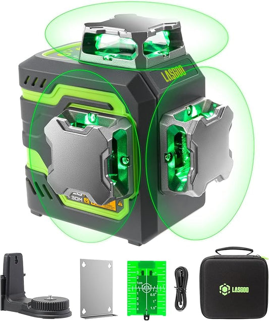 LG-3DM Green Beam Laser Level, Self-Leveling 3x360° Cross Line Laser for Construction and Picture Hanging, 5200mAh Built-in Rechargeable Battery, Type-C Cable, Magnetic Rotating Stand Included