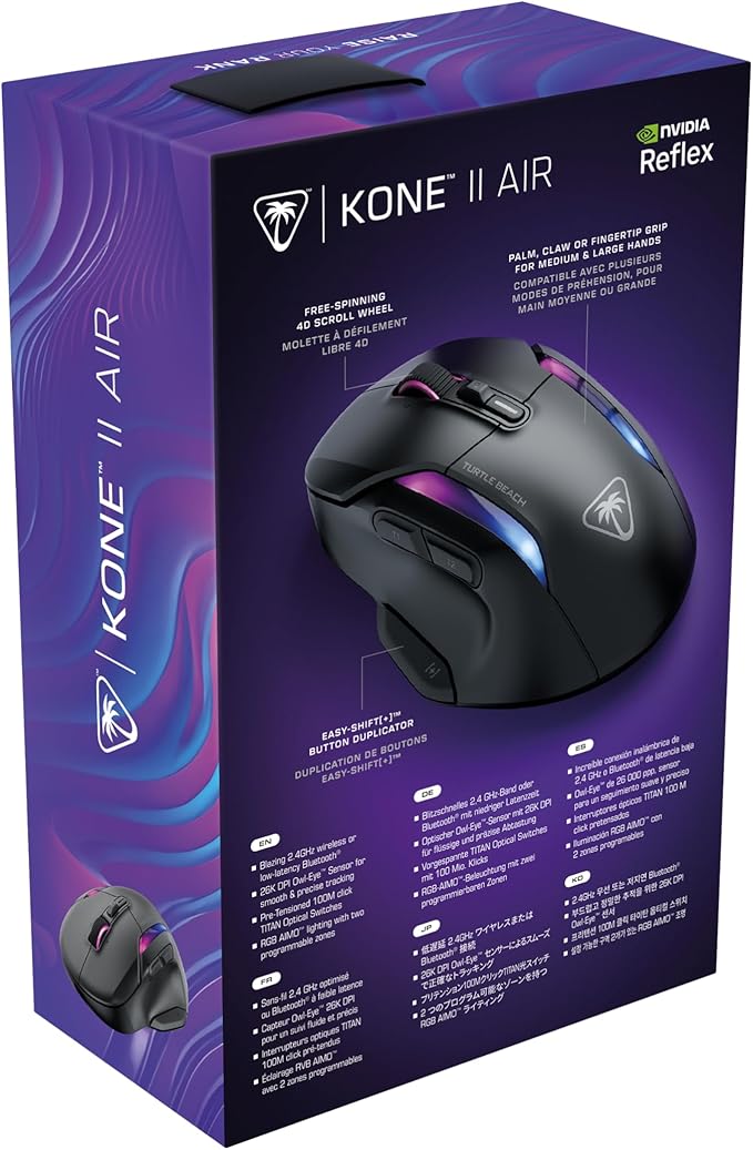 Turtle Beach Kone II Air – Wireless Ergonomic RGB Gaming Mouse, 350-Hr Battery, 26K DPI Optical Sensor, 100M Click Optical Switches, 21 Customizable Inputs, 4D Free-Spin Scroll Wheel – Ash Black