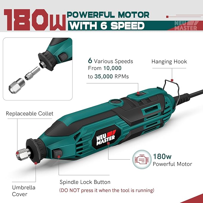 NEU MASTER 180W Rotary Tool Kit, Corded Power Rotary Tools with 160 Accessories and 6 Variable Speed, 10000-35000RPM Electric Drill Set for Handmade Crafting Projects and DIY Creations