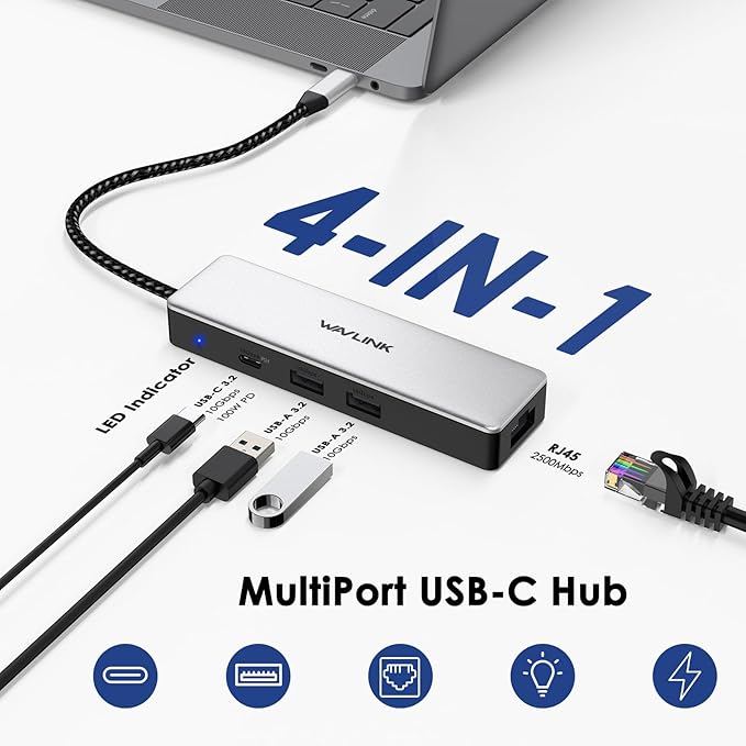 WAVLINK USB C to 2.5 Gbps Ethernet Adapter with 85W PD Charging, Aluminum Portable 10Gbps USB C Hub for Laptop, MacBook Pro/Air, iPad, XPS