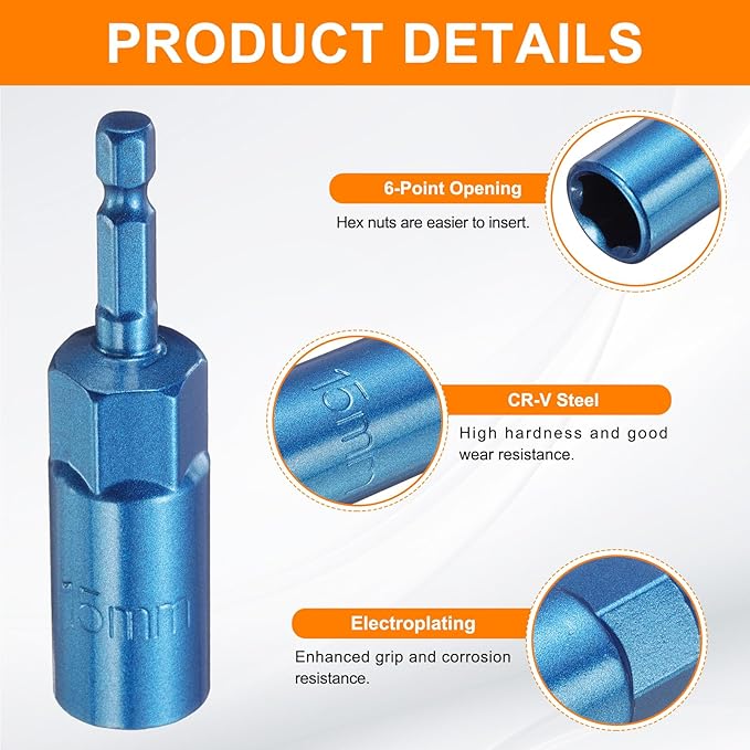 HARFINGTON Nut Driver 15mm Hex Drive Socket CR-V Steel Power Screw Drill Bits Socket Wrench Tools with 1/4" Quick Change Hex Shank for Power Drills Impact Drivers, Blue