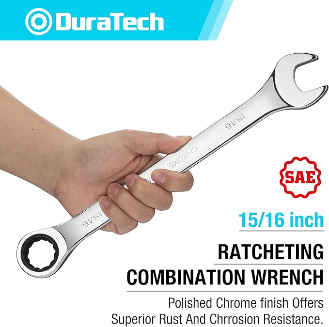 DURATECH 15/16" Ratcheting Combination Wrench, SAE, 72-Tooth, 12-Point, CR-V Constructed with Mirror Polish