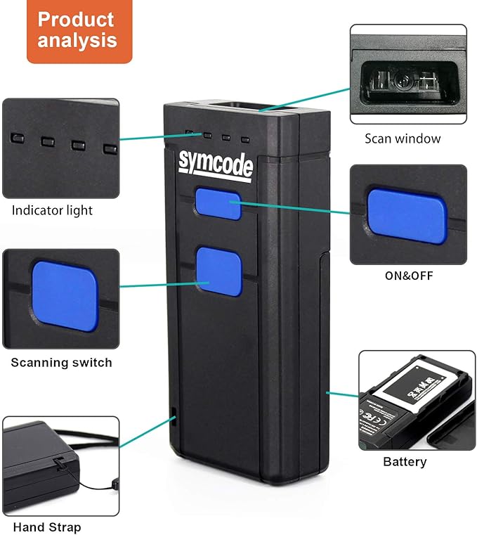 Symcode 2D QR Bluetooth Barcode Scanner, 1D 2D Mini Wireless Handheld CMOS Barcode Scanner Reader with Bluetooth 4.0 & 2.4G Wireless Connection, Portable Barcode Reader Compatible for QR PDF417 Dat