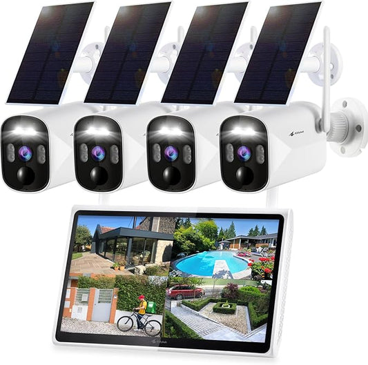 Kittyhok Solar Security Camera Outdoor System with Monitor | 4pcs Wireless Solar Powered Security Camera, Human Detection, Spotlight, for Home Security | 10CH NVR, 10'' IPS Monitor, Local Storage