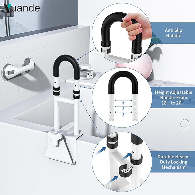Bathtub Grab Bars with Suction Grab Bars, YuanDe 20x6 Inch Adjustable Bathtub Safety Rail Height & Width, Heavy Duty Tub Handle Grab Bar, Bath Handles Clamp for Elderly Seniors Injury Disabled