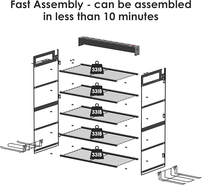 CCCEI Garage Tools Storage with Charging Station. Power Tool Battery Organizer Utility Shelf with Power Strip. 4 Drills Holder Wall Mount Rack, Black 5 Layer.