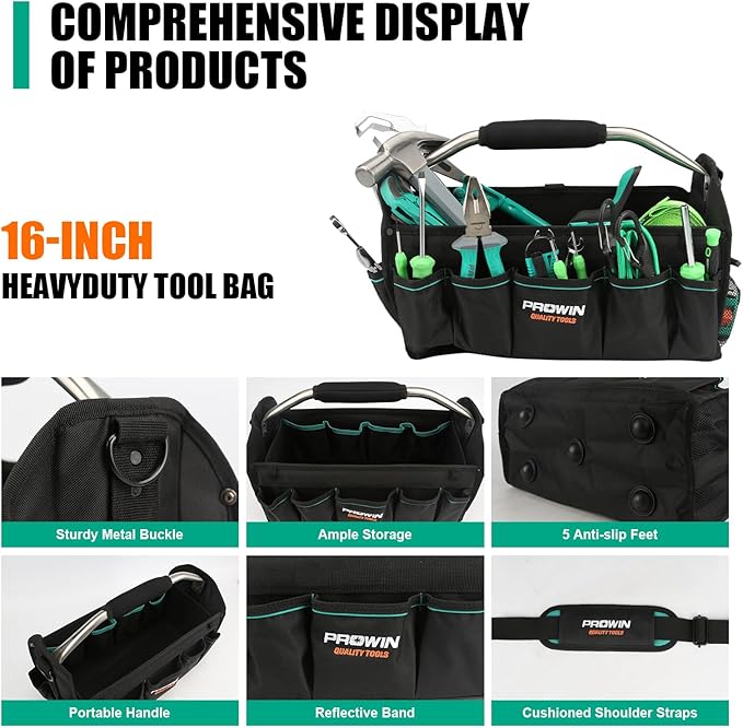 Prowin 16" Multi-pocket Tool Organizer with Plastic Waterproof Bottom, Heavy-duty Collapsible Tote Wide Mouth Tool Tote Bag 600 Denier Roomy Pro Sized Tote Black