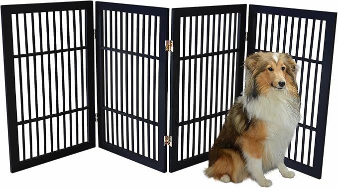 Pet Dog Gate Strong and Durable Freestanding Folding Acacia Hardwood Portable Wooden Fence Indoors or Outdoors by Urnporium (Black Pet Gate, 4 Panel 30" Tall)