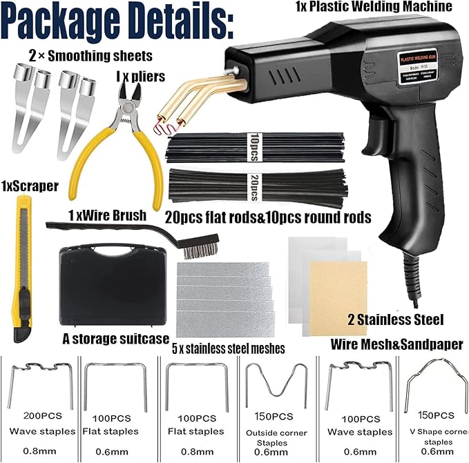Upgraded 220W Plastic Welder Bumper Repair Kit,2-in-1 Plastic Welding Kit 800PCS Hot Staples & 30pcs Plastic Welding Rods,Hot Stapler Plastic Repair Kit for Car Bumper Kayak Crack Repairs(black)