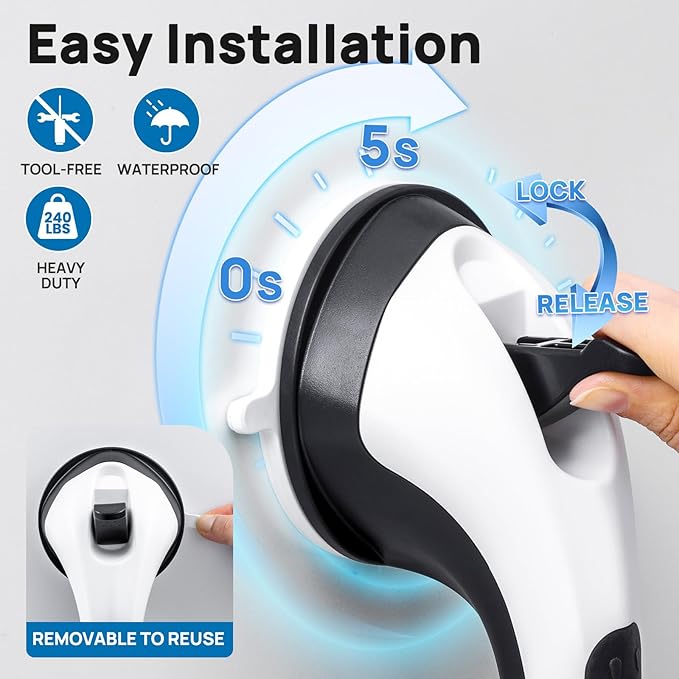 LEVERLOC Grab Bars for Bathtubs and Showers, Shower Handle 17 Inch Strong Suction Bath Handrails, Safety Grip for Bathroom Chair, Bathroom Grab Bar for Senior No Drilling Waterproof,Black