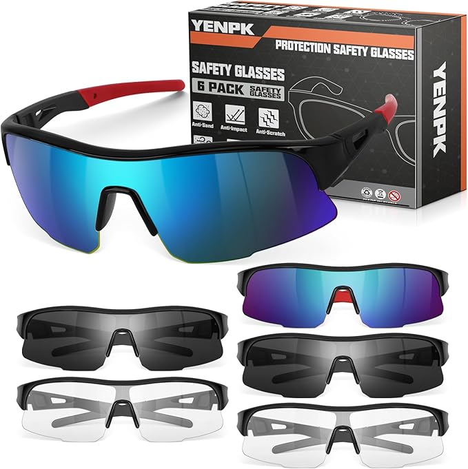 6 Pack Safety Glasses, ANSI Z87.1 Safety Glasses with UV Protection, Impact Resistant Tinted Safety Goggles