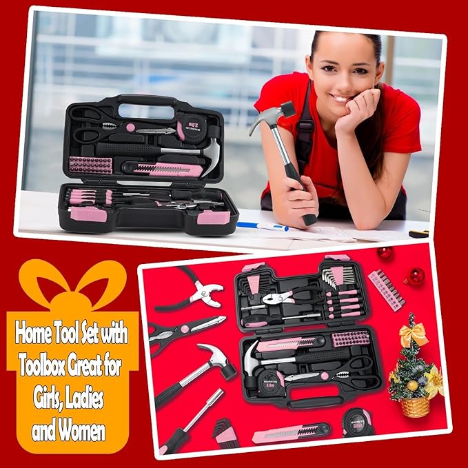 58 Piece Household Tool Set, General Household Hand Tool Kit with Plastic Toolbox Storage Case, All Purpose Household Tool Kit for Women, Girls and Ladies, Pink