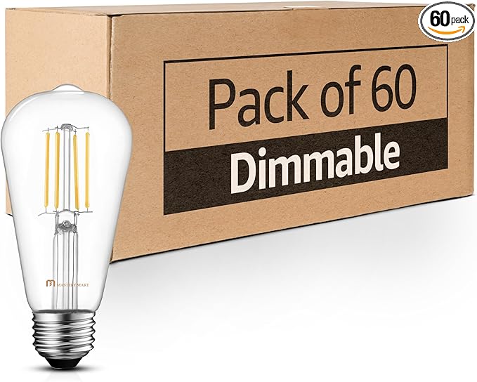 Mastery Mart 60 Pack Vintage LED Light Bulb 5000K Daylight White, Dimmable, 5.5W (60 Watt Equivalent), ST19/ ST58 Clear Glass Antique Edison Style, 500LM E26 Decorative Filament Bulb