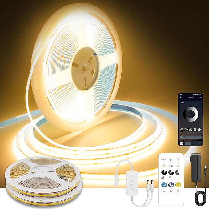 COB LED Strip Lights Warm White,24V Dimmable led Light Strip KIT with Remote and app Control,2700K 50FT/15m 8mm Wide Ra>90 Cuttable Flexible Strip Lights for Bedroom,Shelf,Cabinet