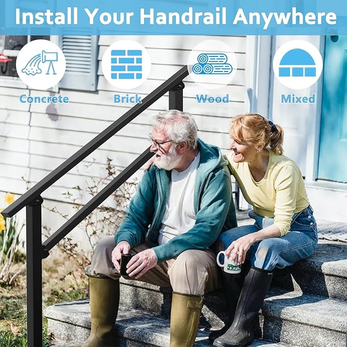 2-Pack Outdoor Handrails for 4 Steps – Black Stair Handrail & Indoor Stair Railing Kit, Exterior Stair Railing for Porch, Deck, and Garden, Complete Installation Kit