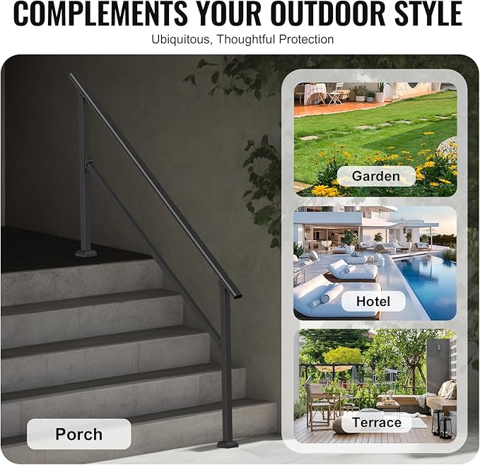 VEVOR Handrails for Outdoor Steps, 5 Step Stair Hand Rail Kit, Transitional Carbon Steel Railings with Installation Kit, Stair Rails for Seniors, Concrete Steps & Porch & Deck, Black Square Tube