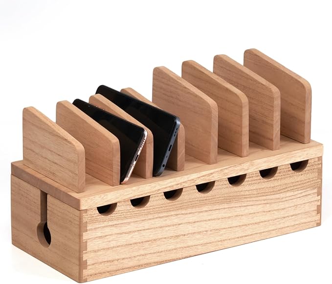 KIRIGEN Charging Station Organizer for Multiple Devices Desktop Organizer Wooden Cable Management with 7 Ports for Cell Phones, Tablets, Earphones GDXH-NA