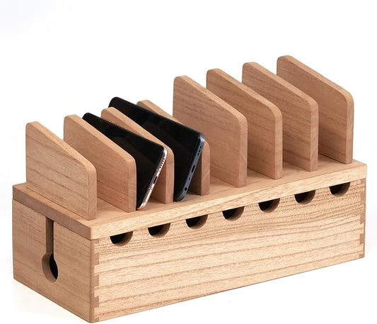 KIRIGEN Charging Station Organizer for Multiple Devices Desktop Organizer Wooden Cable Management with 7 Ports for Cell Phones, Tablets, Earphones GDXH-NA