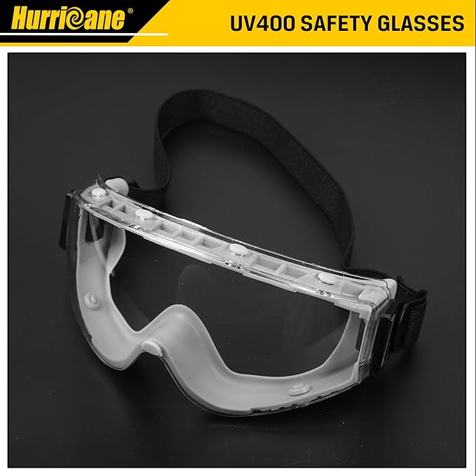 HURRICANE PVC Safety Goggles, UV400 Clear Lenses, Anti-Fog Function, Adjustable Elastic Head Strap