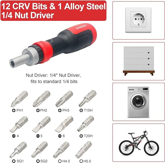 SHARDEN Ratchet Screwdriver 13-in-1 Ratcheting Screwdriver Set Multi Screwdriver Tool All in One with Torx Security, Flat Head, Phillips, Hex, Square and 1/4 Nut Driver