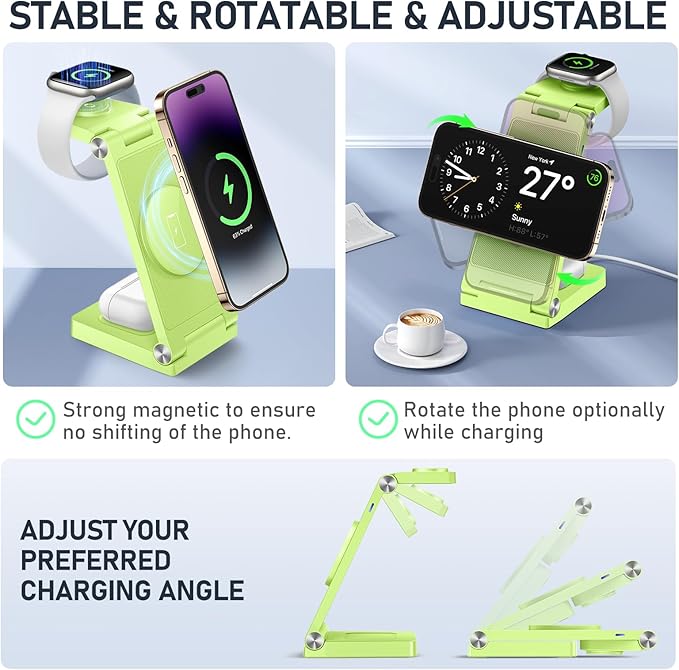 Magnetic Wireless Charger Stand, 3 in 1 Foldable Wireless Charging Station, Travel Charger for Multiple Devices for iPhone 15 14 13 12 Series, Apple Watch Ultra/SE/9/8/7/6/5/4/3/2, AirPods