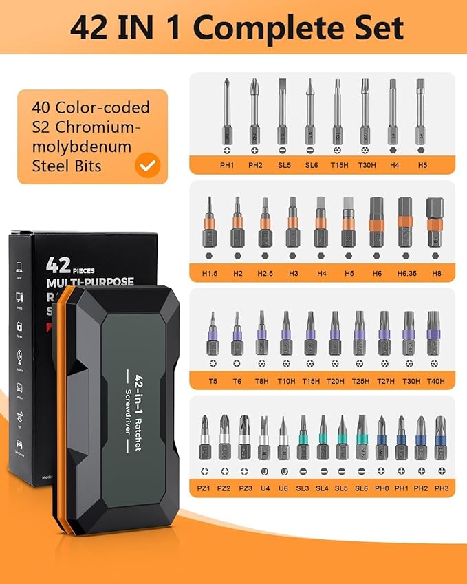 Upgraded 42 in 1 Magnetic Screwdriver Set, Ankilo DIY Ratchet Screwdriver Set, Multi Bit Magnetic Drive with 40 PCS Magnetic Bits, Portable Repair Tool Kit for Home, Bike, Repairs