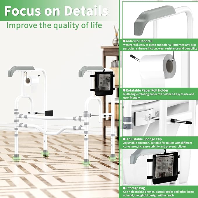 Foldable Toilet Safety Rail for Seniors, Toilet Safety Frame Height Adjustable, Heavy Bathroom Rail with Armrests, Bathroom Safety for Elderly and Disabled(400LBS)