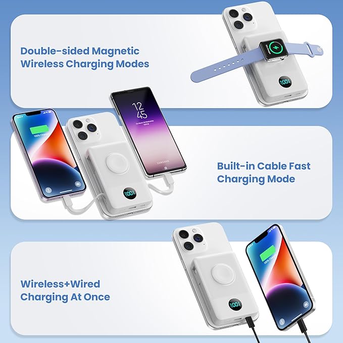 Magnetic Portable Charger 10800mAh for iPhone with Built-in Cables, 6-in-1 Wireless Power Bank with iWatch Charger, 25W PD Fast Charging USB C Battery Pack for iPhone 16/15/14/13/12,Apple Watch(White)
