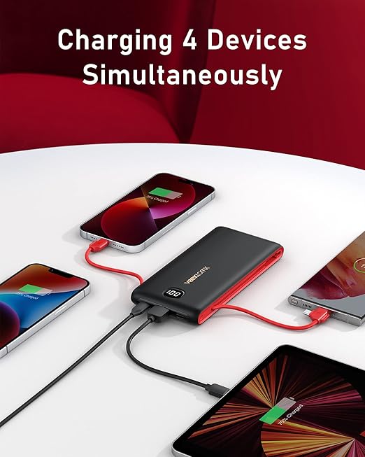 VEEKTOMX Portable Charger with Built in Cables 10000mAh, Power Bank for iPhone with AC Wall Plug, Fast Charging USB C Slim Battery Pack with LED Display Compatible with iPhone16/15/14/13, Samsung