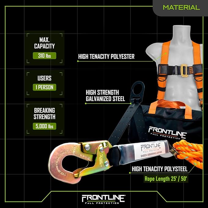Frontline Combat Complete Roofers Kit with 50' Lifeline Combat™ Full Body Harness | OSHA & ANSI Compliant