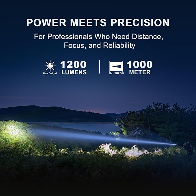 POWERTAC Huntsman-XLT LED Light - Rechargeable LED Flashlight Long Throw Spotlight Tactical Flashlights Super Bright Flashlight Flash Light EDC Gear Flashlights High Lumens Camping Supplies 1200 Lumen