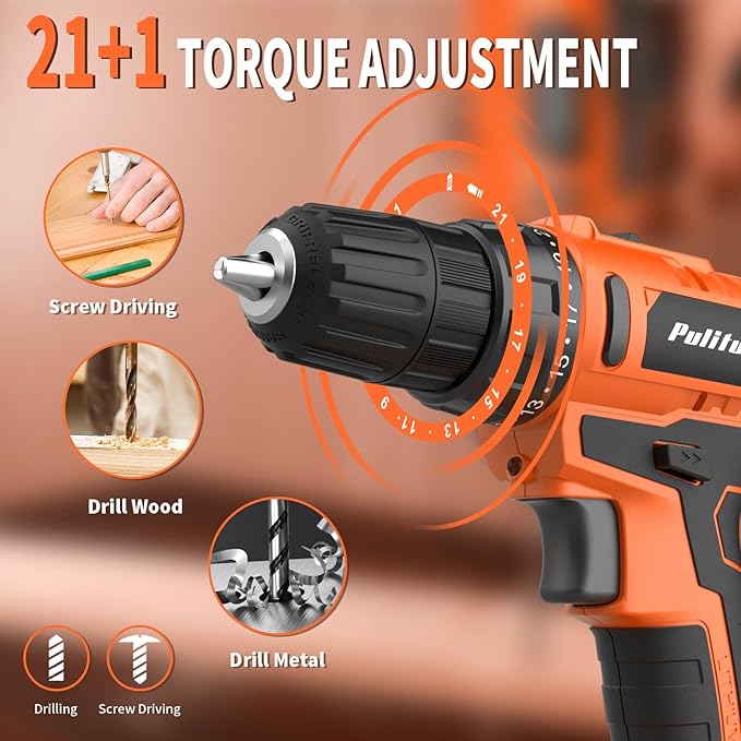 PULITUO 20V Cordless Drill/Driver, 2 Batteries Electric Screwdriver, 30Nm Power Drill Driver, 21+1 Torque, 2 Speed, 3/8"Keyless Chuck, power Drill with LED Light, Drill Driver Kit for Home (Orange)