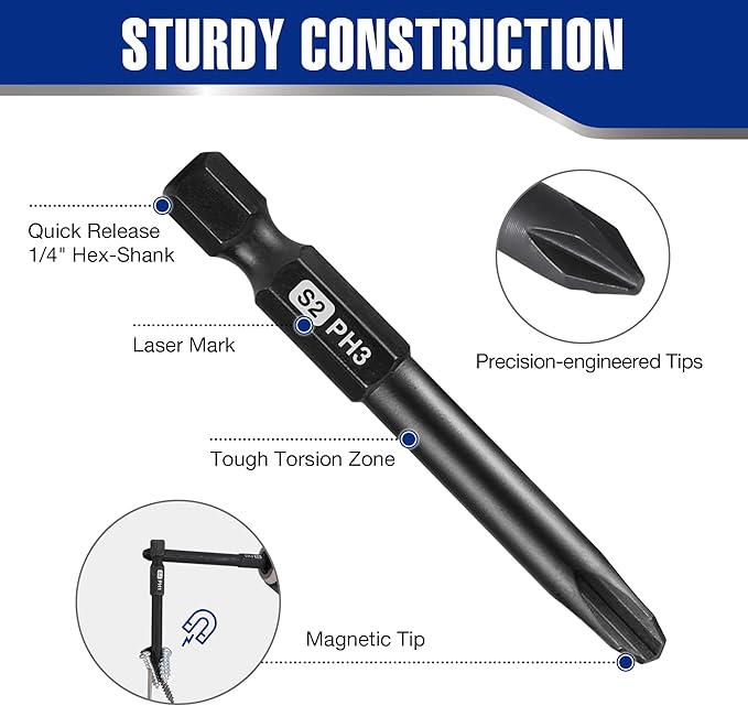WORKPRO 10pcs Slotted Phillips Screwdriver Bit Set, CNC Machined S2 Steel Magnetic Screwdriver Bits Set, 1/4 Inch Hex Shank Driver Bits, 2.3 Inch Long Screwdriver Bits Set with Storage Box