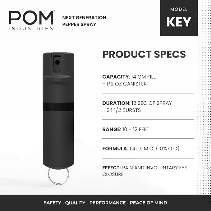 POM Pepper Spray Keychain, Quick Key Release for Instant Access, Flip Top Safety, Maximum Strength OC Formula with UV Marking Dye, 25 Bursts, 10 ft Range, 0.5 fl oz