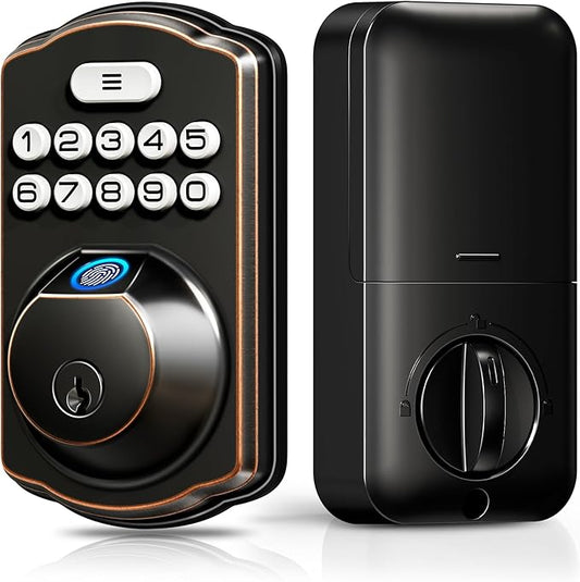 Veise Fingerprint Door Lock, Keyless Entry, Auto Lock, Electronic Keypad Deadbolt for Front Door, Biometric, Anti-Peeking Password, Easy Install, Oil Rubbed Bronze