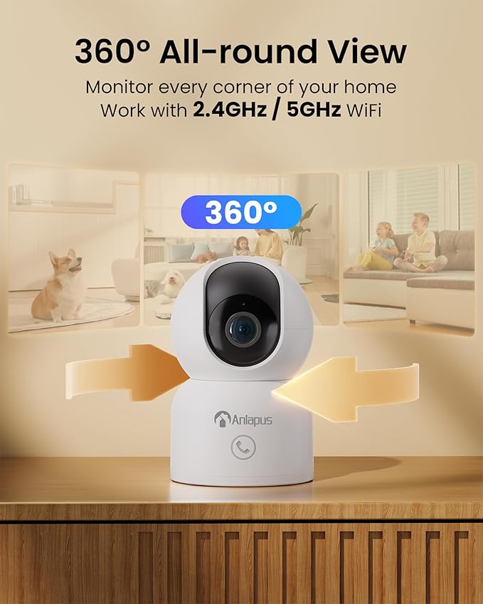 Anlapus 4 x 2MP Home Security Indoor Camera, C518 1080p Pan/Tilt WiFi Camera, 2.4/5 GHz 360° Plug-in Camera, Motion Detection, One-Touch Call, Auto Track, Night Vision (Memory Card Not Include)