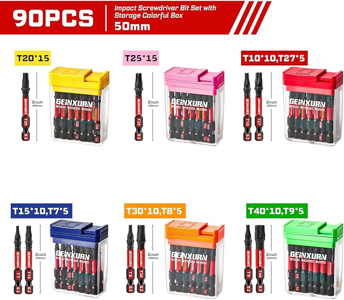90 Pieces Torx Impact Screwdriver Bits Set with Colorful Boxes, 2" Magnetic T7-T40 S2 Steel Multi Driver Bits with Box