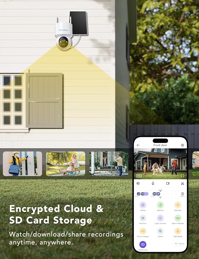 2K Solar Security Cameras Wireless Outdoor, 360°PTZ Battery Powered Cameras for Home Security, 2.4G WiFi Outdoor Camera with Color Night Vision, IP66 Waterproof, Motion Sensor Alarm, White