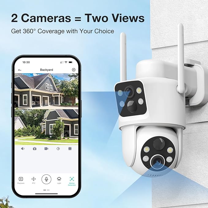2 Pack Dual Lens Solar Security Cameras Wireless Outdoor, 2K Full HD Video, 360° View Pan/Tilt Home Security Camera with Color Night Vision, Easy to Install （2pack）