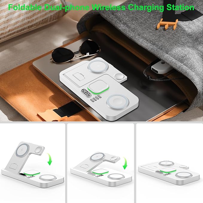 Dual Phone Wireless Charging Station for Apple Devices, Magnetic Charging Station for iPhone with Auto Switch 7-Color Light&Clock, Family Watch Charger for iPhone17 for iWatch10 for AirPods Pro3(White