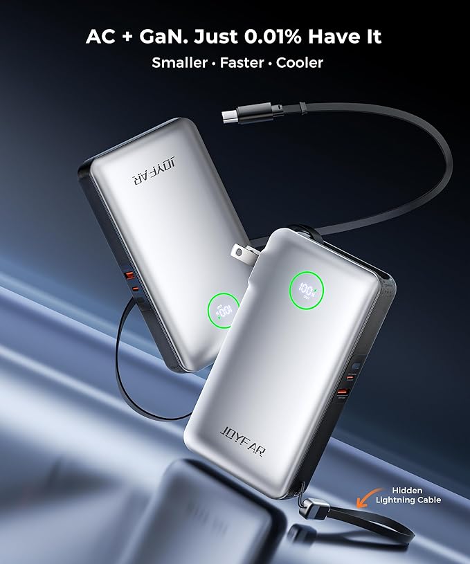 Portable Charger Power Bank - Battery Pack 35W AC Plug GaN 10000mAh Built in Cable USB C Phone Fast Charging Powerbank Compatible with iPhone 16 15 14 13 12 11 X iPad MacBook Samsung (White)