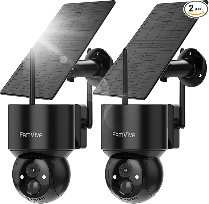 2K Solar Security Cameras Wireless Outdoor, 360°PTZ Battery Powered Cameras for Home Security, 2.4G WiFi Outdoor Camera with Color Night Vision, IP66 Waterproof, Motion Sensor Alarm, Black，2Pack