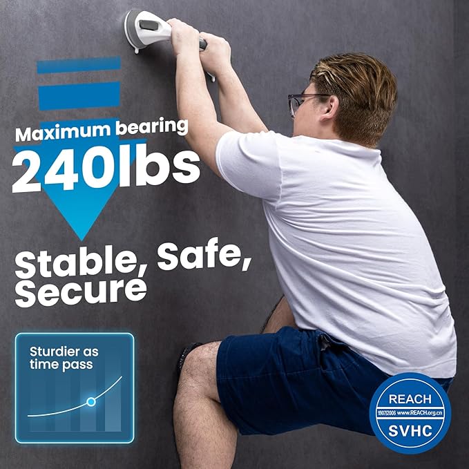 LEVERLOC Grab Bars for Bathtubs and Showers, Shower Handle 17 Inch Strong Suction Bath Handrails, Safety Grip for Bathroom Chair, Bathroom Grab Bar for Senior No Drilling Waterproof,Grey