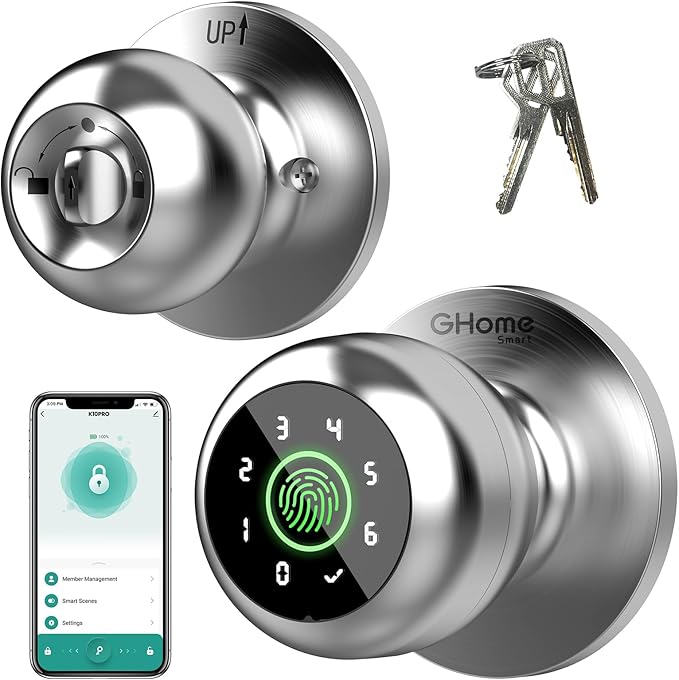 GHome Smart Fingerprint Door Lock, 4 in 1 Smart Finger Print Door Knob with Keypad, App Control & Key, Auto Lock, Biometric Thumbprint Door Locks for Bedroom, Garage, Home & Office